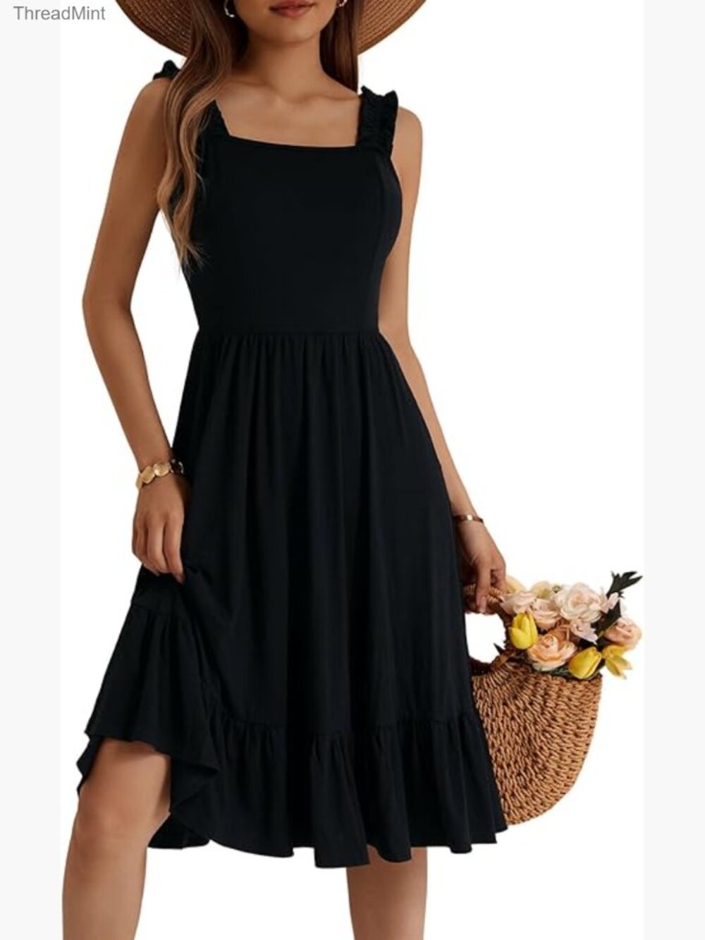 Womens Summer Midi Dress Square Neck Elastic Straps Floral A-line Sundress